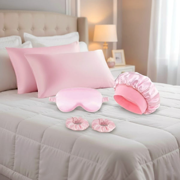 Set Notte in seta artificiale Rosa – Federe, Mascherina, Cuffia e Elastici Hanami Secrets