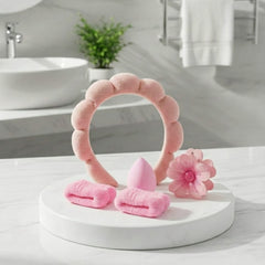Set Accessori Skincare Rosa – Fascia Makeup, Blender, Massaggiatore Fiore e Fermacapelli Hanami Secrets